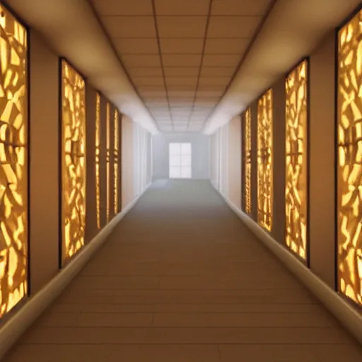 Image similar to a dark and recursive hallway with many doors, with a heavenly glow