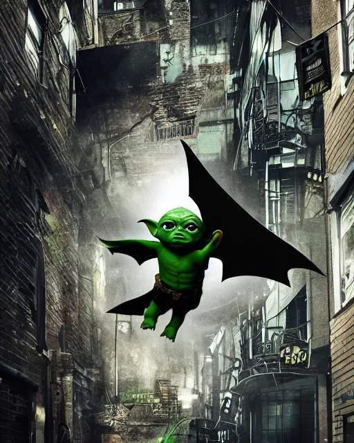 Image similar to epic action still of baby yoda wearing batman outfit as batman hanging upside - down from building in atmospheric alleyway in the style of batman the dark knight rises, 8 k backlit