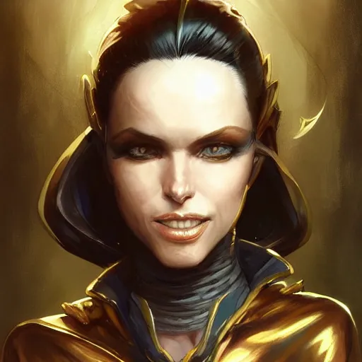 Prompt: Portrait of a stylish female space pirate, dark-hair, golden eyes, androgynous tailored clothes, delicate features, teasing smile, face visible, artstation, graphic novel, art by stanley artgerm and greg rutkowski and peter mohrbacher,