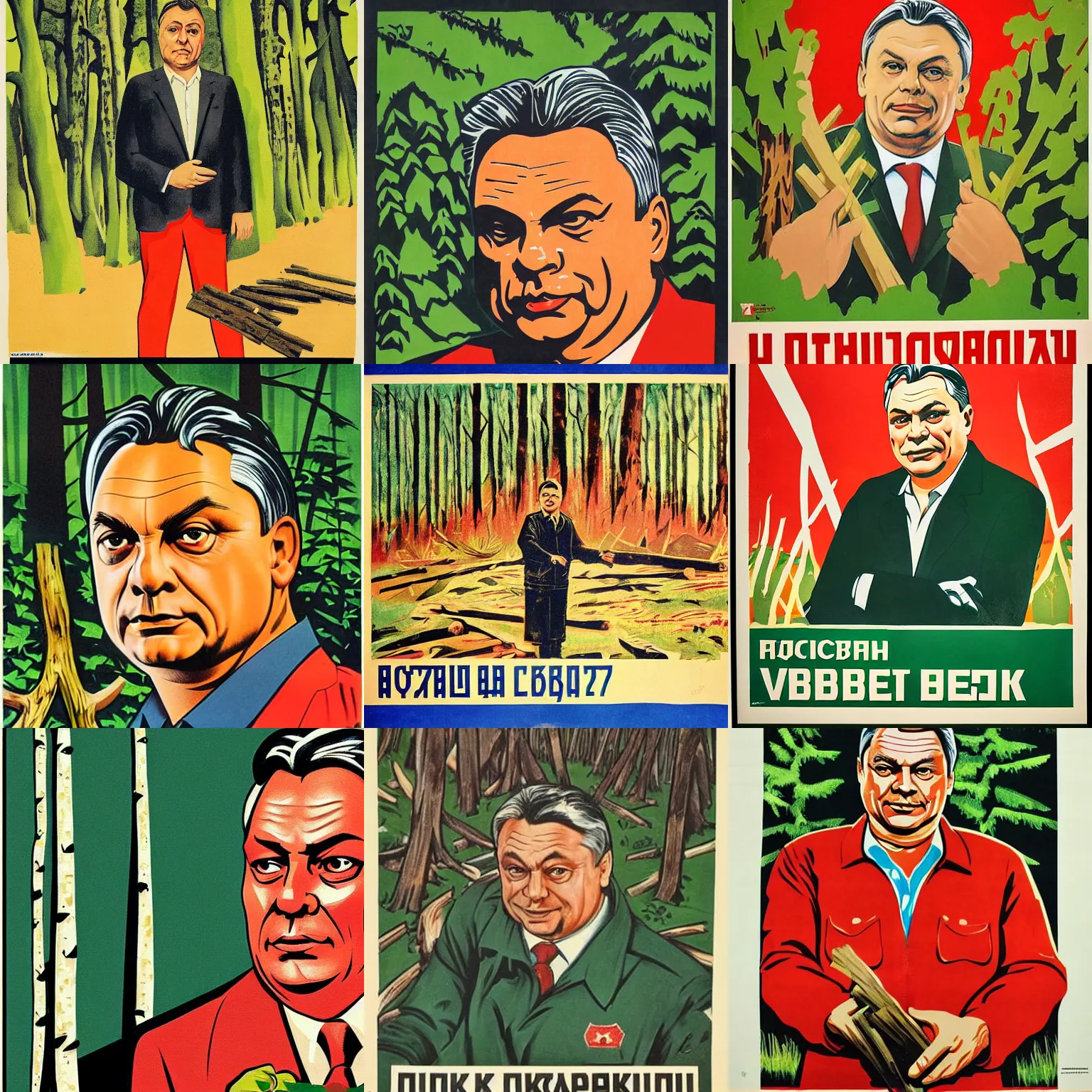 Prompt: soviet propaganda poster of viktor orban in a forest, highly detailed face, holding a wood piece