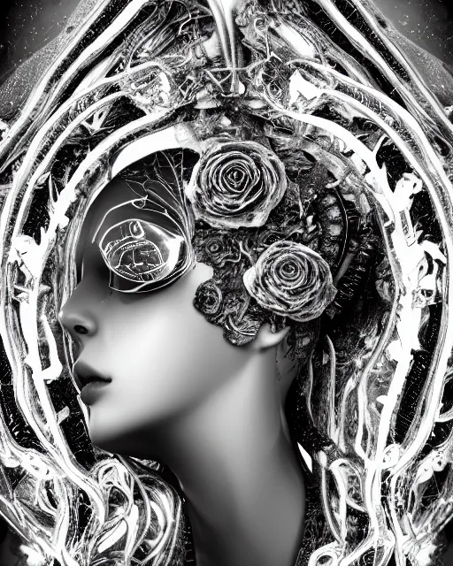 Image similar to mythical dreamy black and white organic bio - mechanical spinal ribbed profile face portrait detail of translucent steampunk beautiful female angelic - human - queen - vegetal - cyborg, highly detailed, intricate crystal ivy jelly ornate, poetic, translucent roses ornate, 3 d render, digital art, octane render, 8 k artistic photography, photo - realistic, by dora maar