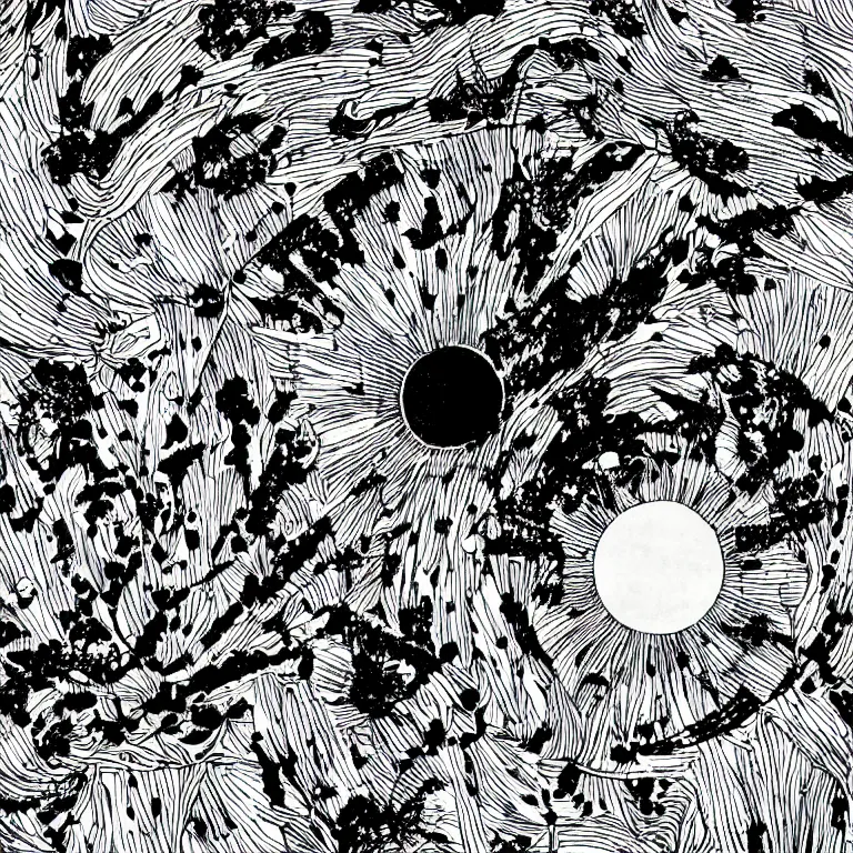 Image similar to a distant planet orbiting the sun, black and white, botanical illustration, black ink on white paper, bold lines