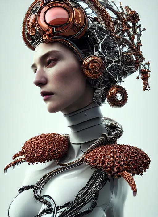 Image similar to portrait of an absurdly beautiful, graceful, sophisticated, fashionable cyberpunk mechanoid, hyperdetailed illustration by irakli nadar and alexandre ferra, intricate linework, white porcelain skin, faberge, coral headdress, unreal engine 5 highly rendered, global illumination, radiant light, detailed and intricate environment