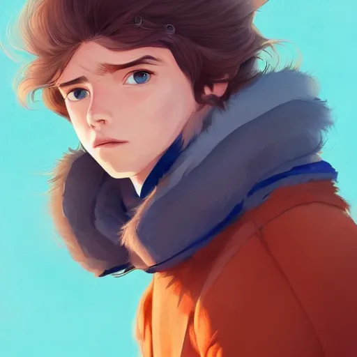 Image similar to portrait of a boy with long fluffy brown hair. blue background. digital art, procreate, stylized, by rossdraws, ghibli, greg rutkowski
