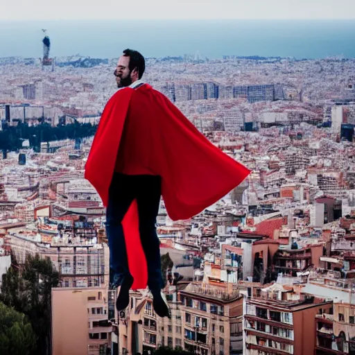 Image similar to santigo abascal flying over barcelona wearing a red cape