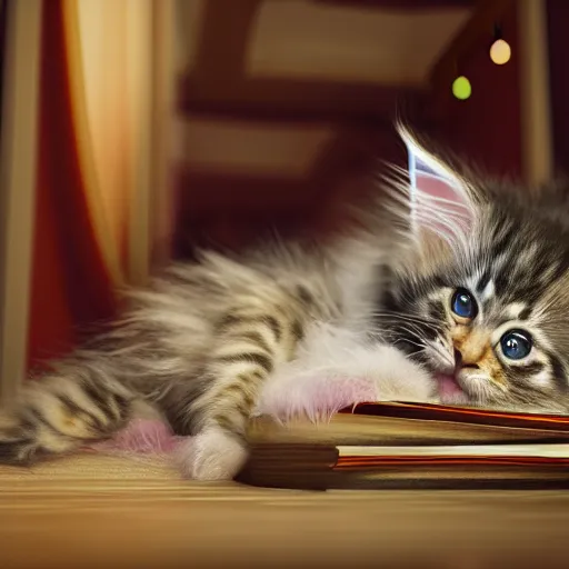 Image similar to eye - level view, a super cute maine coon kitten ate my homework in my room and woke up the next day smart, hilarious, funny, back to school comedy, cg animation, 3 d octane render, imax 7 0 mm,