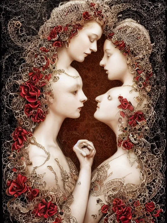 Image similar to a beautiful portrait render of two red veiled queen with baroque symmetry intricate detailed ,heart,pray,love,crystal-embellished,by Daveed Benito,LEdmund Leighton,Virginie Ropars,peter gric,aaron horkey,Billelis,trending on pinterest,hyperreal,gold,silver,ivory,maximalist,glittering,golden ratio,cinematic lighting