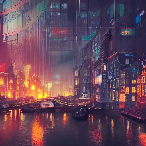 Prompt: Amsterdam in a cyberpunk setting, hyperdetailed, artstation, cgsociety, 8k