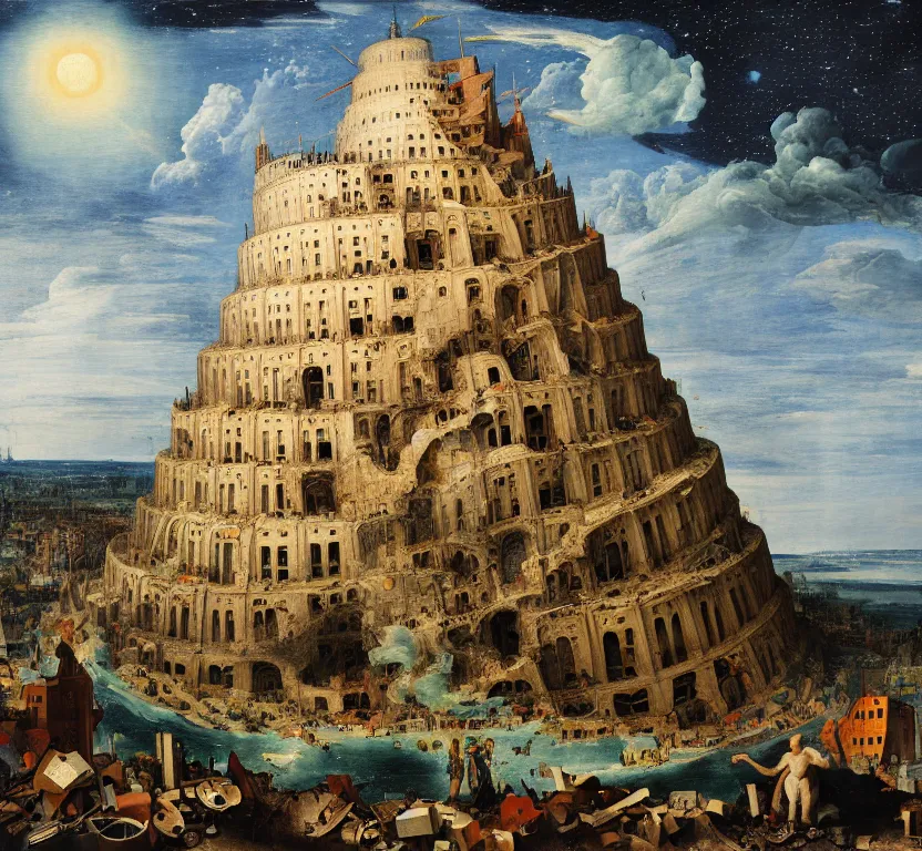 Image similar to a painting of the rubble that used to be the tower of babel, after it was hit by an explosion, at night with a sky full of stars, by pieter breugel the elder