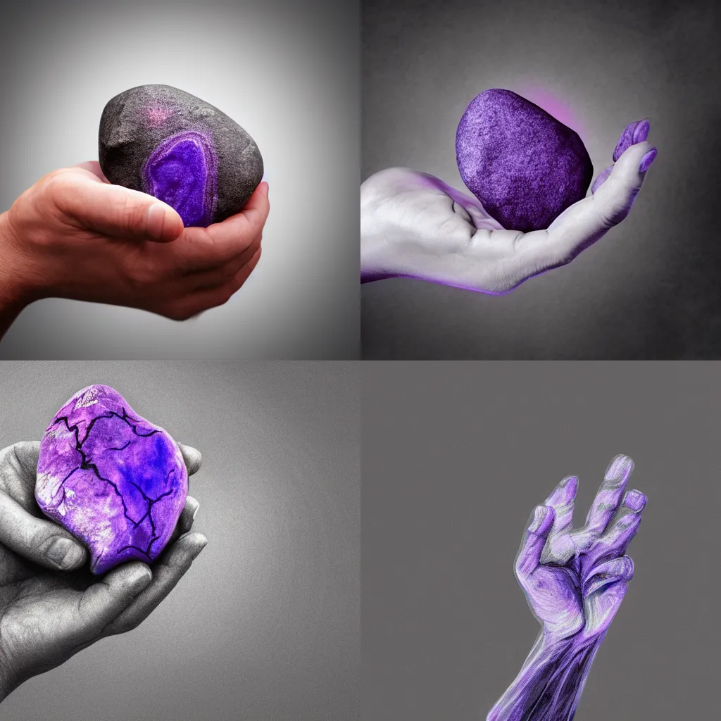 Prompt: a hand holding a grey rock with purple glowibg veins, digital art, highly detailed