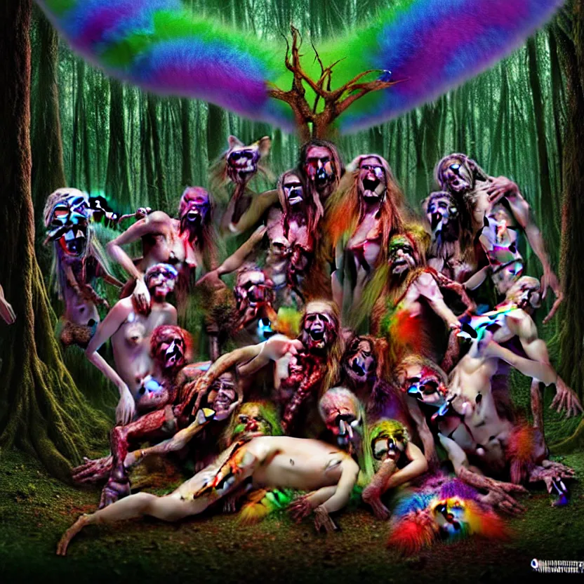 Prompt: an orgy of colorful, beautiful flesh - eating timikawas with rainbow fur, the timikawas are eating terrified humans, the setting is a whimsical forest with trees made of human limbs and heads, nightmare scene, supernatural, highly detailed digital art, creepy, terrifying, by david cronenberg