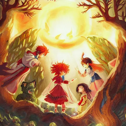 Image similar to a painting of a group of people around a fire while a wolf god watches them, a storybook illustration by naoko takeuchi, behance contest winner, fantasy art, artstation hq, official art