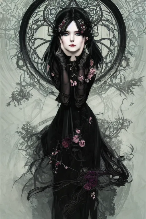 Image similar to portrait of radical lolita girl, dreamy and ethereal, dark eyes, smiling, ornate goth dress, dark fantasy, chaotic, elegant, black crows flying, highly detailed, digital painting, artstation, concept art, smooth, sharp focus, illustration, art by artgerm and greg rutkowski and alphonse mucha