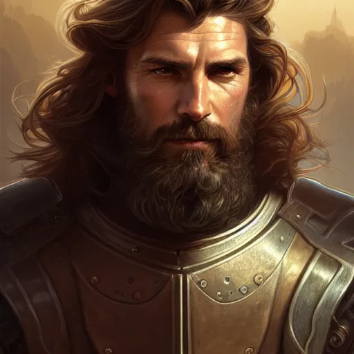 Image similar to portrait of a ruggedly handsome paladin, soft hair, muscular, half body, leather, hairy, d & d, fantasy, intricate, elegant, highly detailed, digital painting, artstation, concept art, smooth, sharp focus, illustration, art by artgerm and greg rutkowski and alphonse mucha