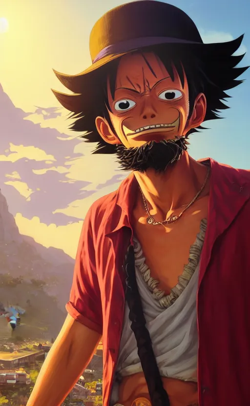 Image similar to highly detailed portrait of luffy in gta v, stephen bliss, unreal engine, fantasy art by greg rutkowski, loish, rhads, ferdinand knab, makoto shinkai and lois van baarle, ilya kuvshinov, rossdraws, tom bagshaw, global illumination, radiant light, detailed and intricate environment