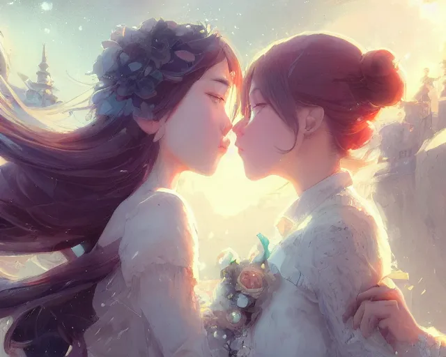 Image similar to two beautiful girls kissing, sharp details, sharp focus, elegant, highly detailed, illustration, by jordan grimmer and greg rutkowski and pine ( ハイネ ) and 薯 子 imoko and 香 川 悠 作 and wlop and maya takamura, intricate, beautiful, trending artstation, pixiv, digital art