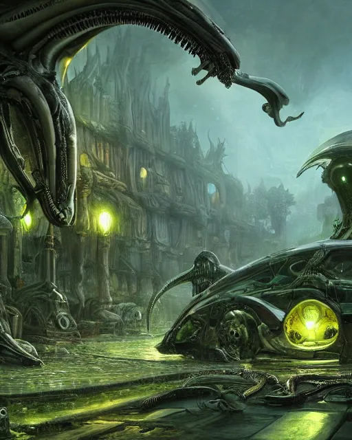 Image similar to xenomorph taxi car in a fantasy village, calming, uplifting mood, ultra realistic, farm, small buildings, highly detailed, epic lighting, elves, green plants, magic, illuminated, cinematic, morning sun, art by eddie mendoza