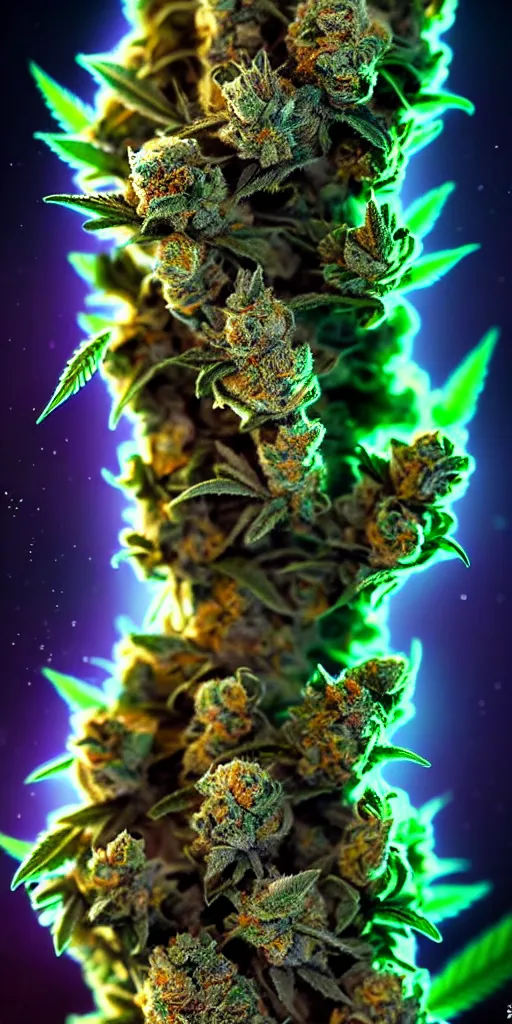 Image similar to epic scale cinematic marijuana goddess character concept perfect focus closeup macro photography of a beautiful marijuana bud crystals trichomes, densely packed buds of weed, sacred dmt weed superheroine visionary fantasy art by greg rutkowski android jones artgerm alphonse chroma rule of thirds golden ratio alien plants