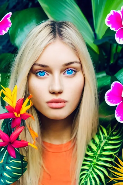 Image similar to an attractive girl is surrounded by colourful tropical flowers and plants, symmetric face and eyes, upper body face shot, long straight blonde hair, visible face