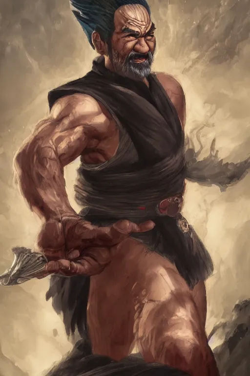 Prompt: a full body high detail fantasy portrait oil painting illustration of heihachi mishima by justin sweet with face and body clearly visible, in a scenic background, pretty eyes, realistic proportions, d & d, rpg, forgotten realms, artstation trending, high quality, sombre mood, artstation trending, muted colours, entire person visible!