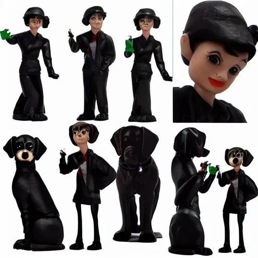 Prompt: audrey hepburn cos play professional dog walker ( 5 small dogs ), stop motion vinyl action figure, plastic, toy, butcher billy style