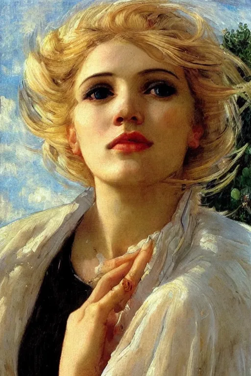 Image similar to close - up fashion blonde woman portrait airy flowers cloudy sky art by vasnetsov