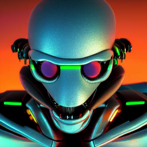 Image similar to synthwave cyborg insect alien face, detailed face, sharp focus, synthwave art, aesthetic, octane render, raw, cinematic