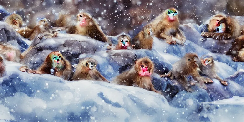 Prompt: scenic mountain setting, by Antoine Blanchard, by Marcel Masson, low angle closeup of a family of snow monkeys gather at the natural spa to get warm, highly detailed, snow flurry, cold, steamy, desaturated (red, blue), inquisitive, striking, contemplative, happy, content, warm, on canvas