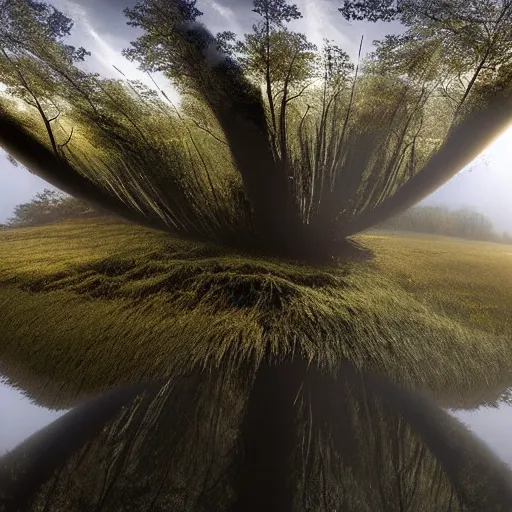 Image similar to Extremely detailed photo-realistic reflections of A Beautiful organic super structure emerging from crepuscular rays by erik johansson