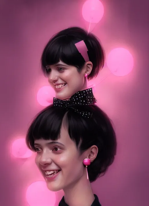 Prompt: portrait of high school girl, realistic, black hair, bangs, half updo hairstyle, pointy nose, skinny, smile, ugly, defined jawline, big chin, pink hair bow, earrings, intricate, elegant, glowing lights, highly detailed, digital painting, artstation, sharp focus, illustration, art by wlop, mars ravelo and greg rutkowski