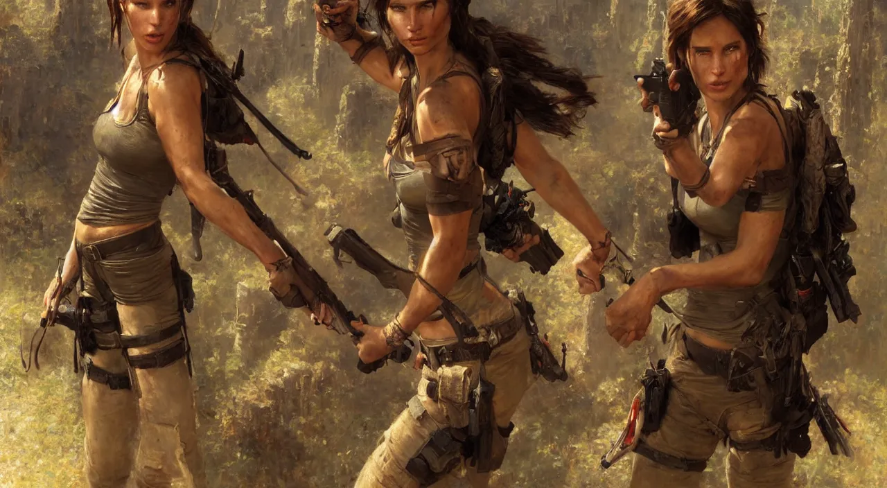 Image similar to lara croft meets joe biden, highly detailed painting by gaston bussiere, craig mullins, 8 k, realistic