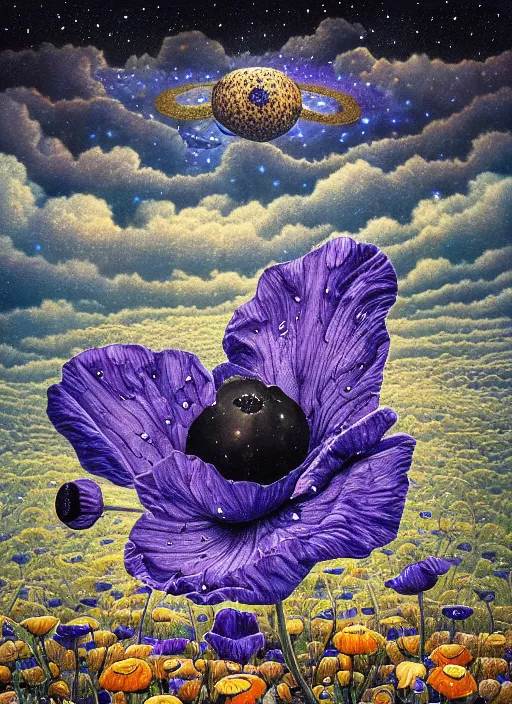 Image similar to detailed, intricate blue black and purple papaverum flower on the field, nebula, galaxy in the sky, winning award masterpiece, fantastically beautiful, illustration, aestheticly inspired, jacek yerka, upscale with anguissola sofonisba work, artstation, 8 k