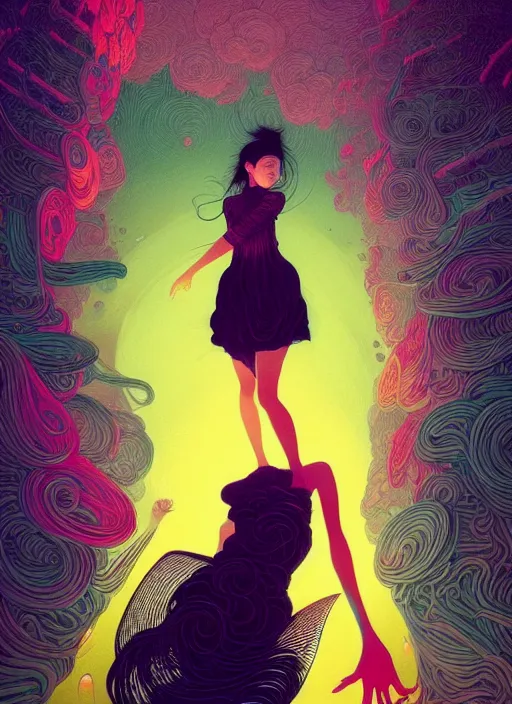 Prompt: sensual beautiful young asian girl wearing a little black dress at a bar, dancing in the background, epic scene, by victo ngai, kilian eng vibrant colours, dynamic lighting, digital art, winning award masterpiece, fantastically beautiful, illustration, aesthetically inspired by beksinski and dan mumford, trending on artstation, art by greg rutkowski, 8 k