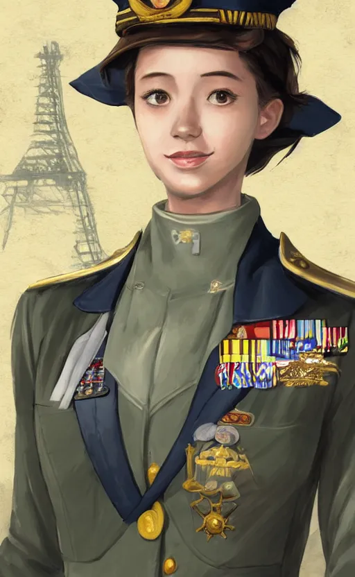 Image similar to portrait of a girl in admiral uniform, highly detailed, high resolution, military naval port in the background, the front of a modern trading card, illustration, character concept art, stunning, ijn style, matte, 100mm, by japanese artist shibafu, realistic human anatomy, world war 2 era, realistic warship design, digitally draw on wacom tablet, low saturation, small eyes, hard surfaces