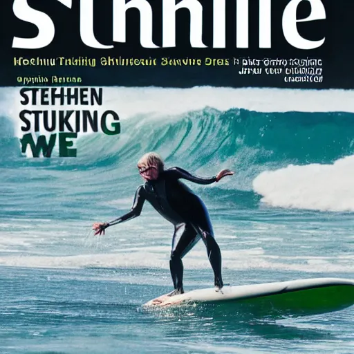 Image similar to stephen hawking catching a wave, cover of surfer magazine, july 2 0 1 1