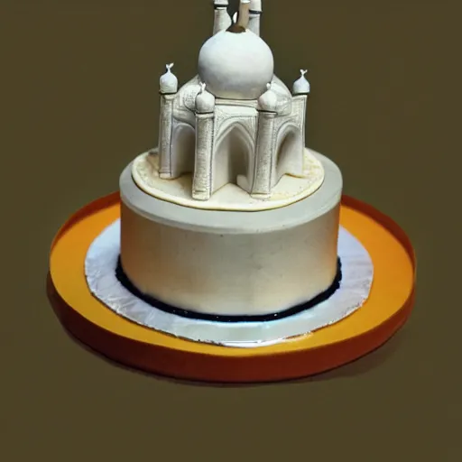 Prompt: Award winning photo 35mm of a cake that is made of cheese in the shape of the taj mahal