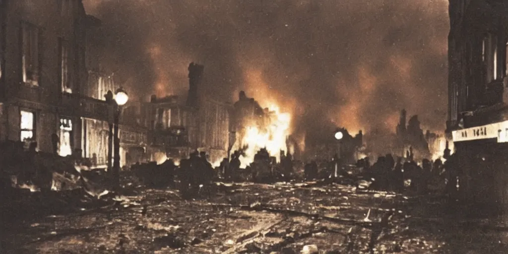 Image similar to a colour photo taken at night of saint - malo street on fire after a bombing in 1 9 4 5