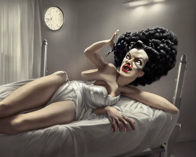 Image similar to phtorealistic modern pin up of the bride of frankenstein posing in a bed in the room of a sanatarium, full body, campy color scheme, realistic, center, smooth, detailed, 8 k, artstation, octane render, ambient lighting, daniela uhlig