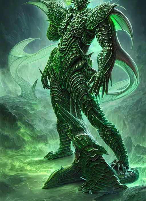 Image similar to muscular and tall green ghostly fire humanoid dragon!!!! draconian!! intricate ornate iridescent heavy armor!! character concept art, sharp focus, octane render! unreal engine 5! highly rendered!! trending on artstation!! detailed linework!! illustration by artgerm, wlop, and chie yoshii