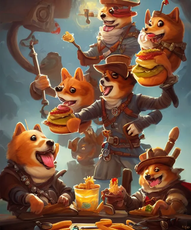 Image similar to a portrait of three anthropomorphic corgi pirates eating hamburgers and fries, restaurant in background, cute and adorable, dnd character art portrait, well rendered matte fantasy painting, deviantart artstation, by jason felix by steve argyle by tyler jacobson by peter mohrbacher, cinematic lighting