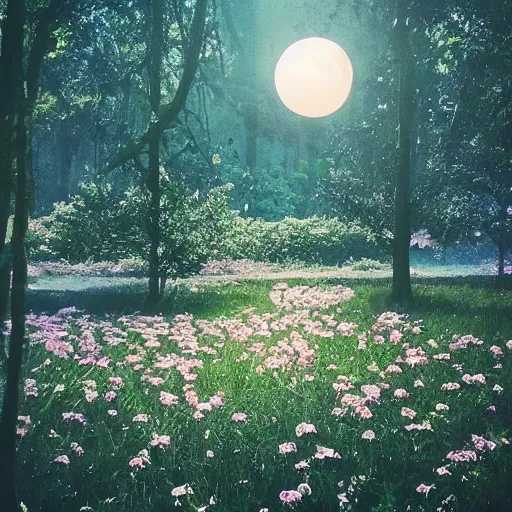 Image similar to The moon was shining in a clearing with flowers, Reflected the sun in blue, Lights in every house Through the foliage of trees, soothing, relaxed, serene, soothing, cozy, calm, quiet, pastel, delicate, elegant, refined, fragrant, soft, airy, elegant, gentle, soft, light