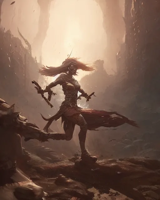 Image similar to A beautiful warrior running, D&D, fantasy art, female art, in the style of greg rutkowski, illustration, epic, fantasy, intricate, hyper detailed, artstation, concept art, smooth, sharp focus, ray tracing