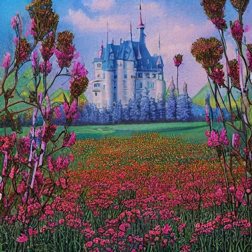 Prompt: a beautiful painting of a large castle towering above a field of flowers and birch trees by moebius