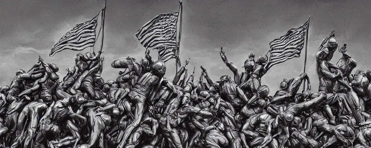 Image similar to androids raising the flag on iwo jima in the style of alex grey and hr giger