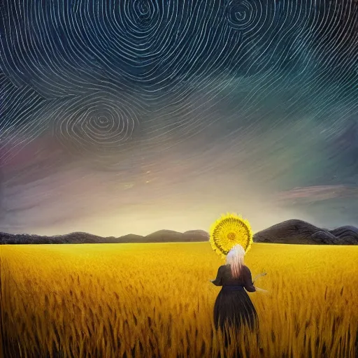 Prompt: giant black daisy flower head, girl walking in wheat field, hills, surreal photography, dark night, star trails, dramatic light, impressionist painting, clouds, digital painting, artstation, simon stalenhag