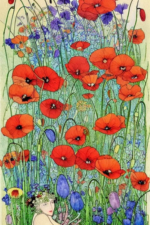 Image similar to beautiful colorful spring flowers and red poppies, detailed art by kay nielsen and walter crane, illustration style, watercolor