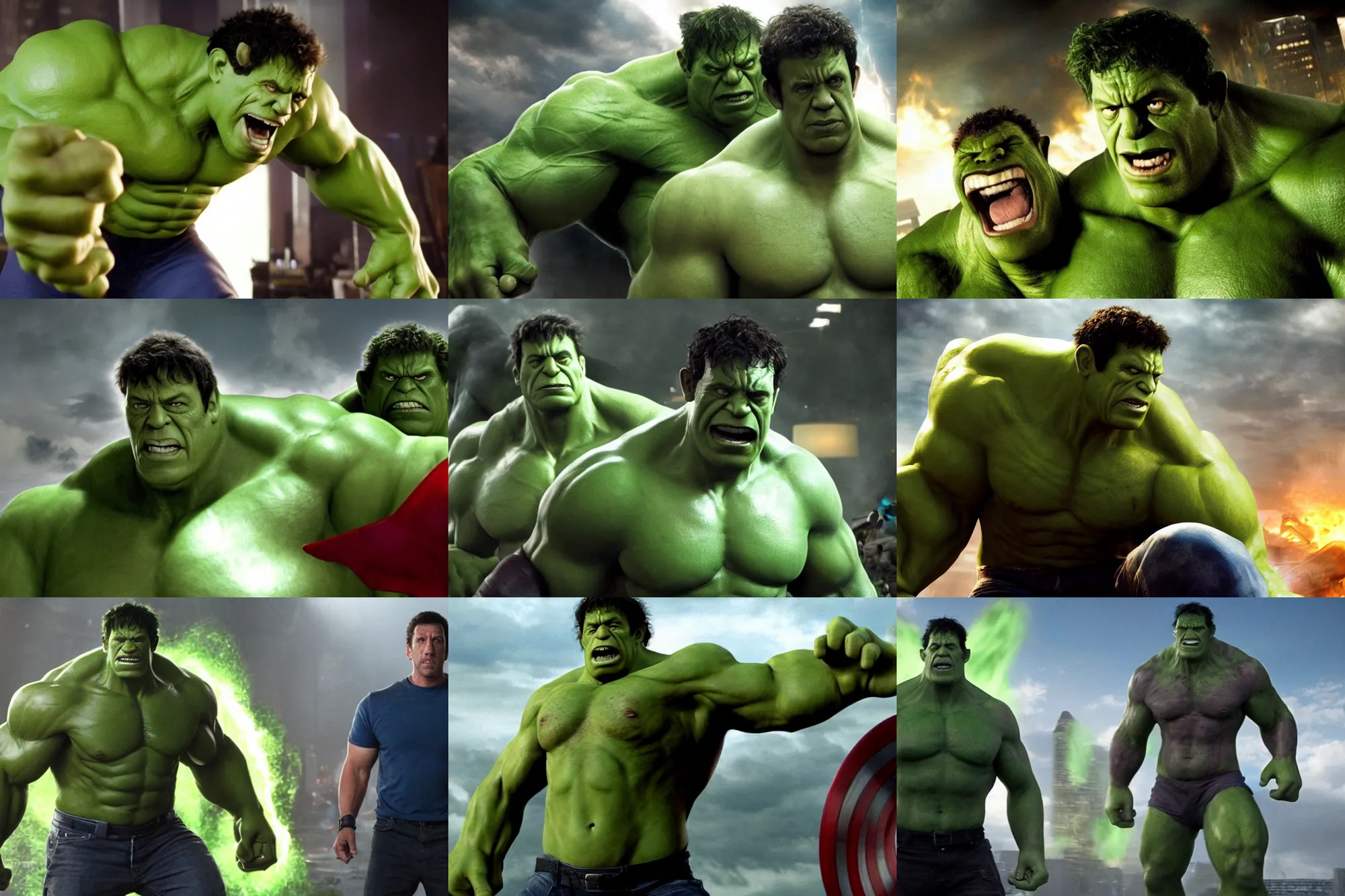 Prompt: adam sandler as the hulk in the avengers ( 2 0 1 2 ), cinematography