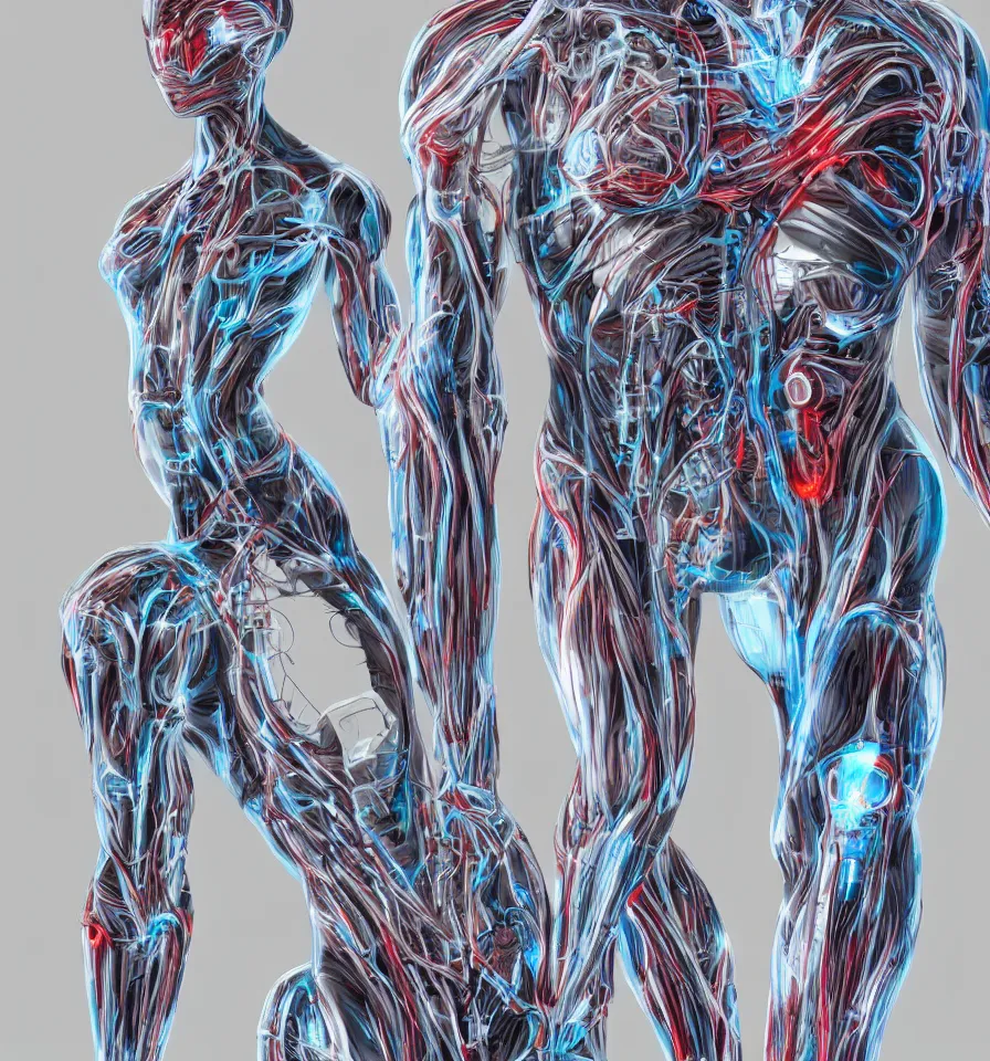 Image similar to futuristic high - tech anatomically correct human cyborg with rgb veins