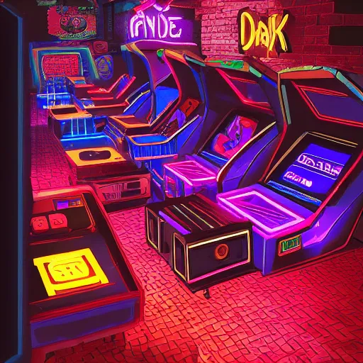 Image similar to a labyrinth of 90s arcade machines, dark neon lighting, artstation, high res, 4k