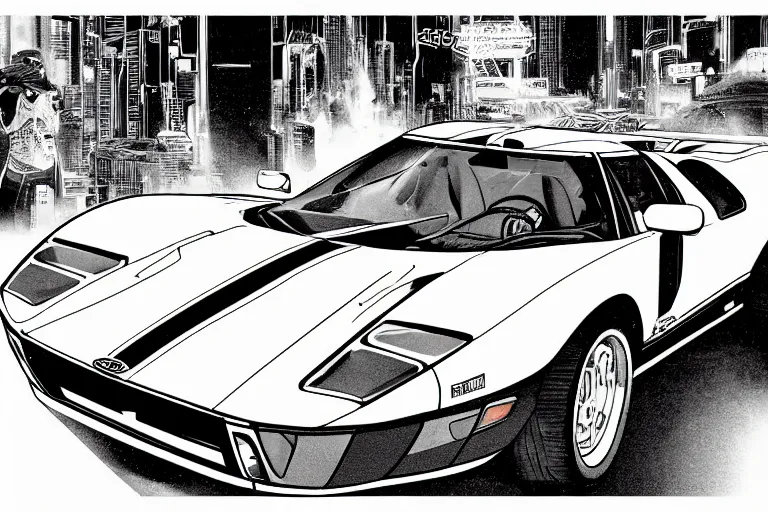 Image similar to ford gt 9 0 ( 1 9 9 5 ) concept car, a page from cyberpunk 2 0 2 0, style of paolo parente, style of mike jackson, adam smasher, johnny silverhand, 1 9 9 0 s comic book style, white background, ink drawing, black and white